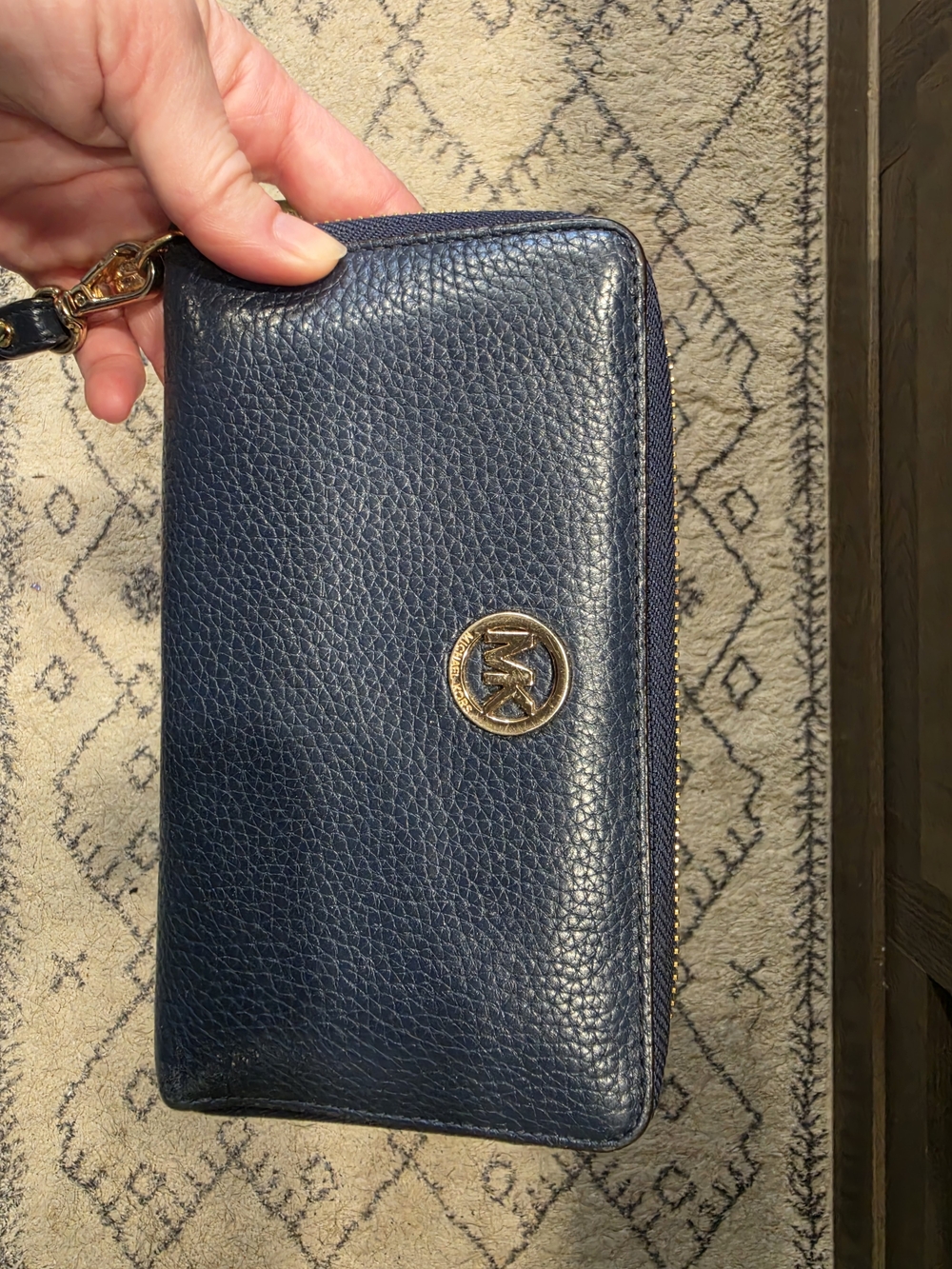 Michael Kors Navy Pebbled Leather Zip Wristlet with Gold Logo Accent
